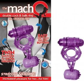 The Macho Double Cock And Balls Ring With Clitoral Tickler Silicone Waterproof Purple