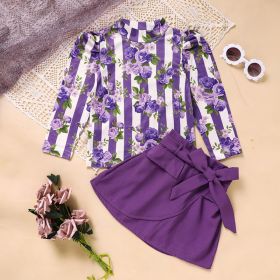 Toddler Girl Purple Rose Print Girls Outfit, Spring Fall Stripe Top With Belt Skirts Set Holiday Going Out Clothes (Option: Purple-4Y)