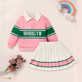 Toddler Girls 2 Piece Outfit Colorblock Letter Graphic Print Sweatshirt And Pleated Skirt Set (Option: Pink-4Y)