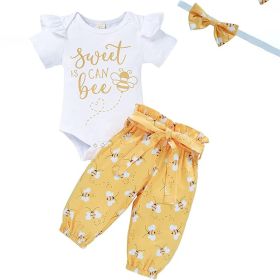 Infant Baby Girl Sweet Bee Outfits Letter Print Romper Honey Bees Pants Bowknot Headband Clothes Set (Option: Yellow-0to3Months)