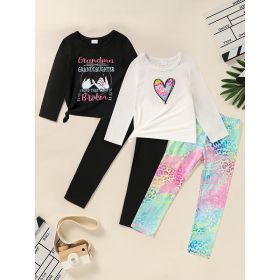 Kid's 'Grandma And Granddaughter' Letter & Heart Print Long Sleeve Top & Pants Set, 2 Sets Comfy Loungewear Outfit (Option: Black White-4Y)