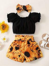3pcs Summer Baby Outfit Set Short Sleeve Solid Color Top Shirts & Floral Short Shorts & Headband Clothes (Option: Black-3to6 Months)