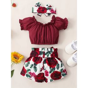 3pcs Summer Baby Outfit Set Short Sleeve Solid Color Top Shirts & Floral Short Shorts & Headband Clothes (Option: Wine Red-0to3 Months)