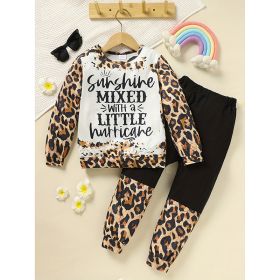 Toddler Girls Fall Winter Outfits Leopard Letter Print Crewneck Long Sleeve Sweatshirt Top & Sweatpant 2 Piece Clothing Set (Option: Brown-4Y)