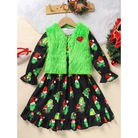 Toddler Kids Baby Girl Christmas Dress Outifts, Long Sleeves Cartoon Prints Party Dress With Heart Print Vest Coat Xmas Clothes Set (Option: Black-4Y)