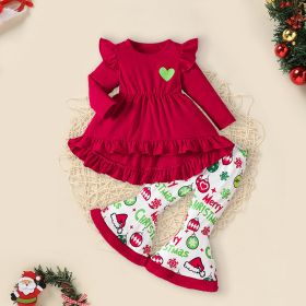 Toddler Baby Girls Christmas Clothes Ruffle Long Sleeve Heart Print Tops Dress Christmas Ball Print Flared Pants With Headband Outfits Set (Option: Red-1to2Y)