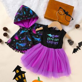 Little Girls 2Pcs Halloween Outfits Sleeveless Tulle Dress With Hooded Cloak Set Clothes (Option: Black-2Y)