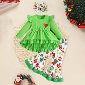 Toddler Baby Girls Christmas Clothes Ruffle Long Sleeve Heart Print Tops Dress Christmas Ball Print Flared Pants With Headband Outfits Set (Option: Green-1to2Y)
