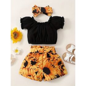 3pcs Summer Baby Outfit Set Short Sleeve Solid Color Top Shirts & Floral Short Shorts & Headband Clothes (Option: Black-0to3 Months)