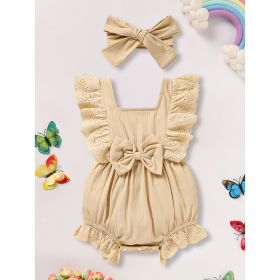 Infant Baby Girl Solid Color Square Neck Bow Onesie & Headband Adorable Summer Outfit (Option: Beige-0to3Months)